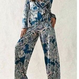 Free People Delphine Velvet Jumpsuit Blue Size Large NWOT